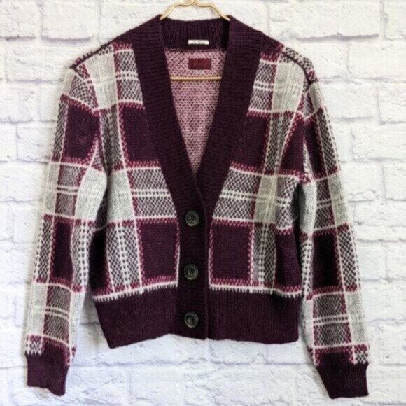 Mother The Slim Low Cardigan Sweater S Bad Boy Magnet Purple Plaid Cropped - Picture 3 of 9